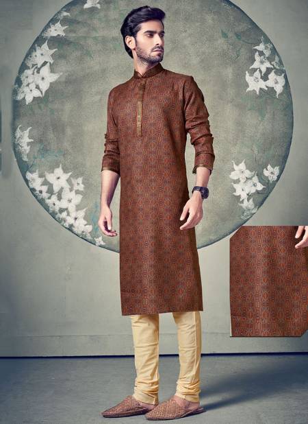 Coffee Colour Traditional Poly Digital Print Party Wear Kurta Pajama Mens Collection ERD-KP-10
